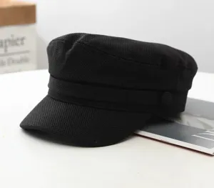 Black cotton linen newsboy cap minimalist flat top sailor hat for women spring summer sun protection