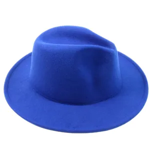 Blue wool fedora hat detail, solid color flat brim retro winter hat for men and women