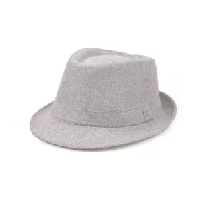 Grey breathable woven straw fedora hat, summer sun protection beach hat detail view.