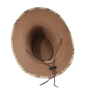Men's summer outdoor sun protection cowboy straw hat with plaid brim and adjustable chin cord.