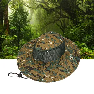 Detailed view of the tactical digital camo mesh sun hat, breathable wide brim fisherman design.