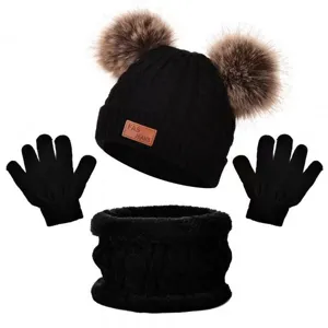 Children winter warm knitted hat scarf gloves set with double pom poms in solid black color
