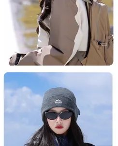 Warm knitted beanie hat for women, outdoor thermal fleece cap with chic mountain embroidery.
