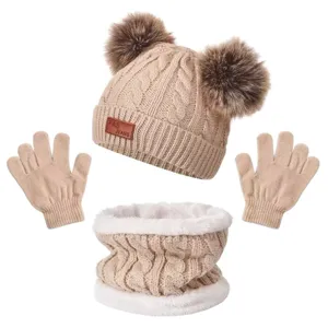 Kids winter warm knit hat scarf gloves set, cute double pom pom beanie and fleece snood.