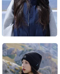 Detailed shot of winter knit beanie with mountain embroidery and outdoor jacket, warm.