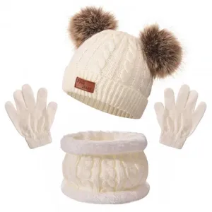 Children winter warm knitted hat scarf and gloves three-piece set with double pom poms white