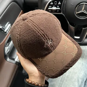 Brown shearling baseball cap winter thick warm plush hat rhinestone monogram brim daily wear