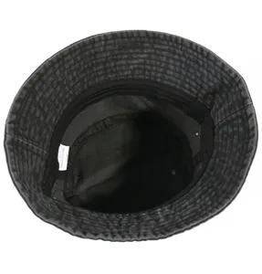 Vintage washed black denim bucket hat interior detail shot, breathable summer sun hat.