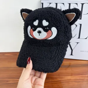 Detail view of the cute black sherpa baseball cap with fluffy animal ears and sweet embroidery.