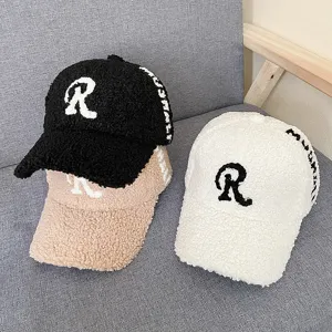 Women's Casual Letter R Embroidered Faux Lamb Wool Baseball Cap Winter Warm Plush Outdoor Sports Fashion Hat