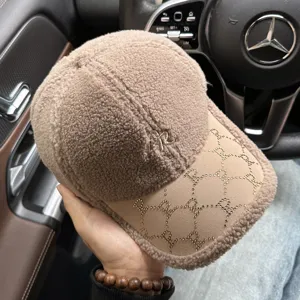 Fleece baseball cap for autumn winter, warm lamb wool hat with rhinestone monogram brim.