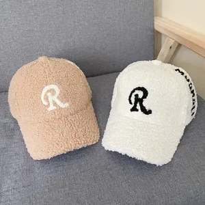 Winter plush lambswool baseball cap letter R embroidery warm casual duck tongue hat