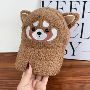 Cute brown sherpa baseball cap for women, autumn winter warm plush hat with animal ears.