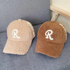 Sherpa baseball hat for women winter plush cap with letter R embroidery casual warm hat.