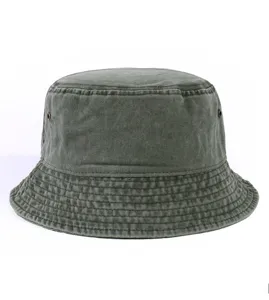 Retro washed denim bucket hat for women, vintage solid color sun protection hat for summer casual.