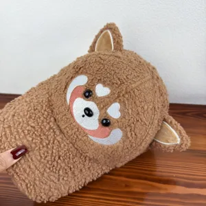 Cute brown sherpa baseball cap with cartoon ears and embroidered animal face for women autumn winter.