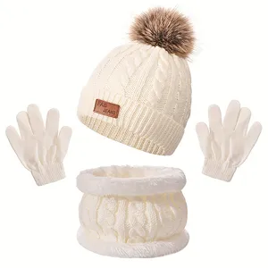 Conjunto de gorro bufanda y guantes de invierno para niños gorro con pompón blanco
