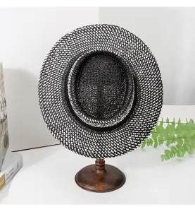 Black and white woven sun hat summer beach hat chic straw fedora hat style detail view