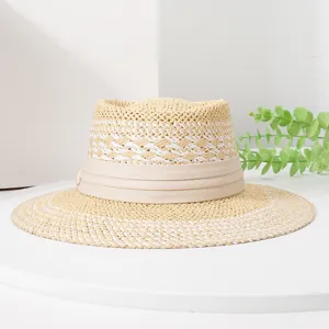 Women summer wide brim straw hat british style color blocked beach sun hat chic fedora hat
