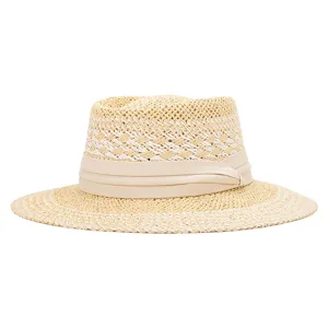 British style color-blocked woven straw hat, women's summer wide brim sun hat and chic fedora.