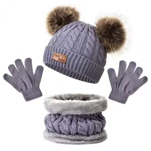 Children winter warm knitted hat scarf gloves three piece set with double pom poms gray