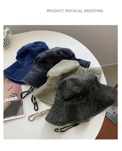 Washed denim bucket hat for outdoor camping, hiking sun protection, casual vintage style.