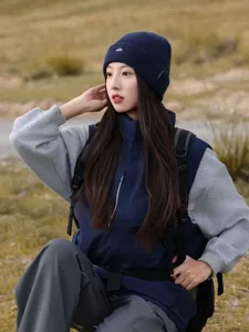 Autumn winter outdoor knitted beanie for women, warm ear protection slouchy hat, navy blue.