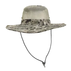 Outdoor men's sun protection bucket hat with breathable mesh and digital camo wide brim for hiking.
