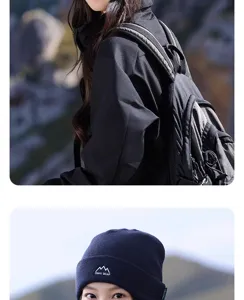 Women's autumn winter warm knitted beanie hat with stylish embroidery and outdoor jacket detail.
