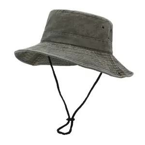 Washed distressed outdoor camping bucket hat with windproof chin strap for hiking sun protection