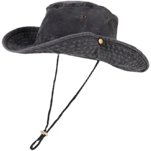 Washed distressed outdoor sun hat with windproof chin strap, grey boonie camping cap.