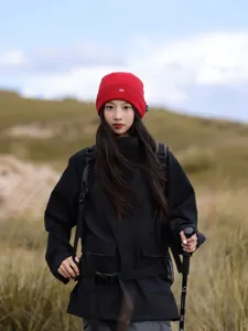 Women red knitted beanie hat winter outdoor mountain embroidery slouchy cap warm headwear