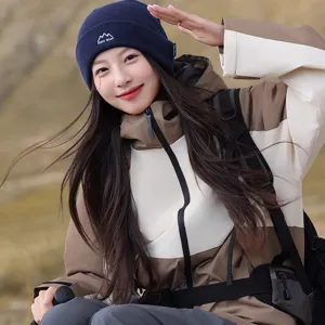 Winter warm knitted beanie for women, solid color outdoor ski cap with stylish embroidery design.