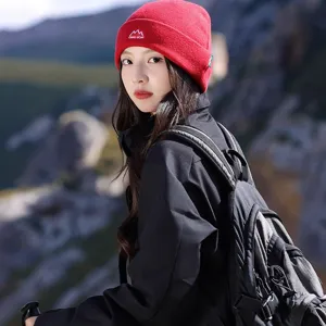Women's red knitted beanie winter warm outdoor cold hat with embroidery logo stylish design.