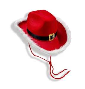 Cappello da cowboy natalizio rosso con pelliccia sintetica bianca e fibbia dorata per feste.