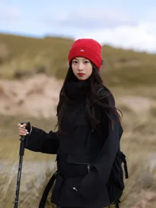 Outdoor hiking knitted beanie for women, warm red winter slouchy wool hat with mountain embroidery.