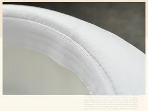 Detail view of white fedora hat inner band and fine stitching, classic panama sun hat.