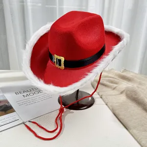 Cappello da Cowboy Natalizio Rosso Cappello da Festa di Festival Con Finitura in Pelliccia Bianca Fibbia Dorata Tesa Larga Fedora Jazz