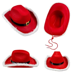 Cappello da cowboy di Natale rosso con bordo in pelliccia sintetica bianca per festa di festa.