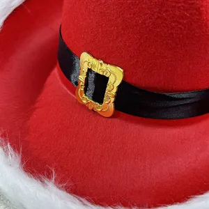 Cappello da cowboy di Natale rosso cappello da festa con pelliccia sintetica bianca fibbia dorata