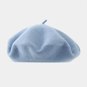 Light blue wool beret hat for women autumn winter warm solid color retro vintage painter cap