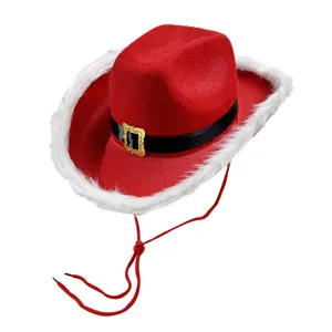 Cappello da cowboy di Natale rosso con bordo in pelliccia sintetica bianca e fibbia.