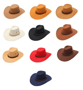Solid color suede western cowboy hat for men and women, wide brim outdoor sun jazz hat.