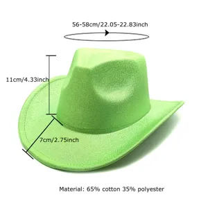Detailed view of the light green glitter western cowboy hat brim and crown dimensions.