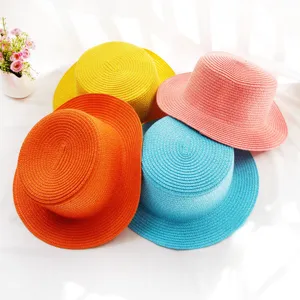 Summer candy color straw hat flat top small brim sun visor fashion beach hat for women kids