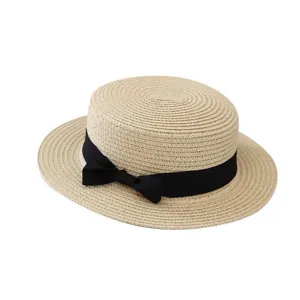 Classic flat top straw hat with black bow, elegant sun protection beach hat for summer.