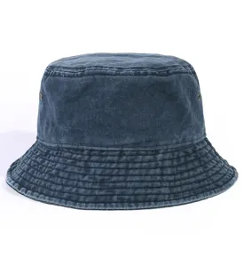 Classic dark blue distressed denim bucket hat for women, casual sun protection cap.