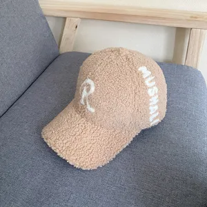 Detail view of winter women sherpa baseball cap with letter embroidery fuzzy hat casual.