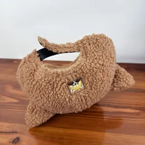 Brown sherpa baseball cap detail, cute cartoon animal ears, warm winter fuzzy hat for women.