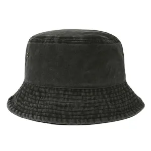 Classic vintage washed black denim bucket hat for women, breathable summer sun sunshade hat.